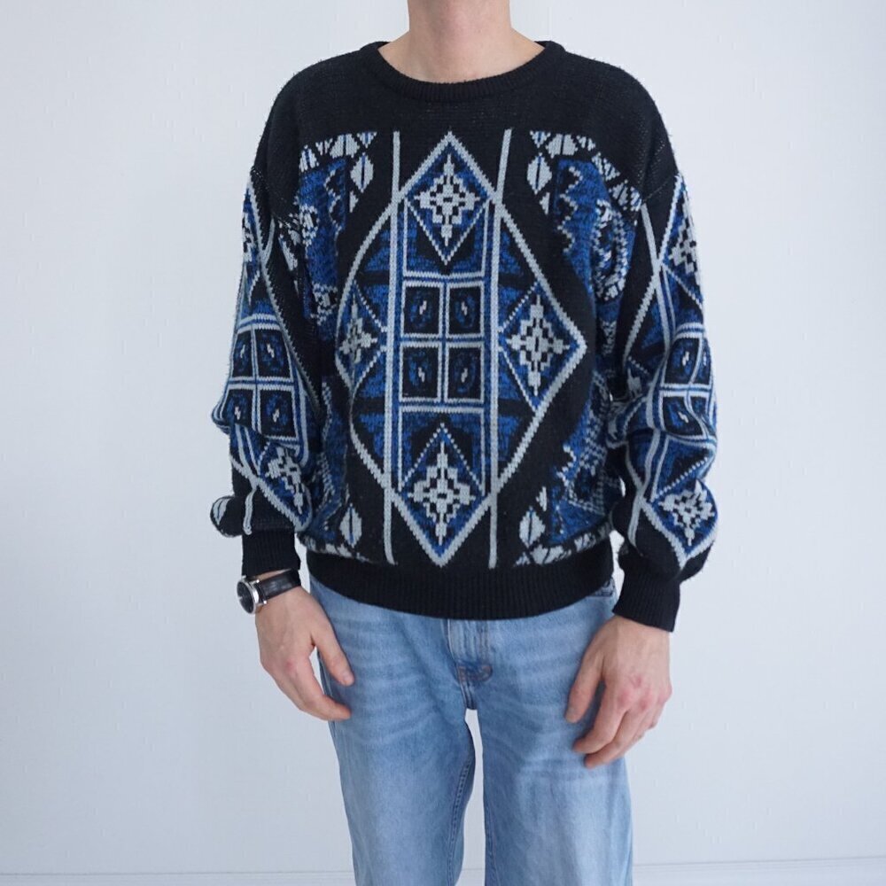 Vintage '90s Capricorn Black Blue Geometric Eclectic Grandpa Crew Neck Sweater L